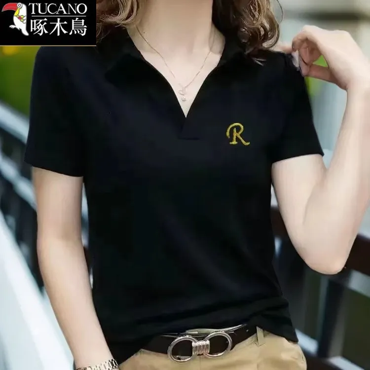 啄木鸟新款修身显瘦纯色运动T恤2025年夏季韩版POLO领刺绣上衣女