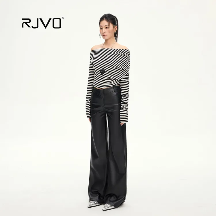 RJVO复古黑色PU皮裤微喇显瘦百搭修身遮肉休闲裤子