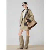 Y1568#卡其色拼皮立领夹克外套女2025春季新款A字半裙两件套装潮