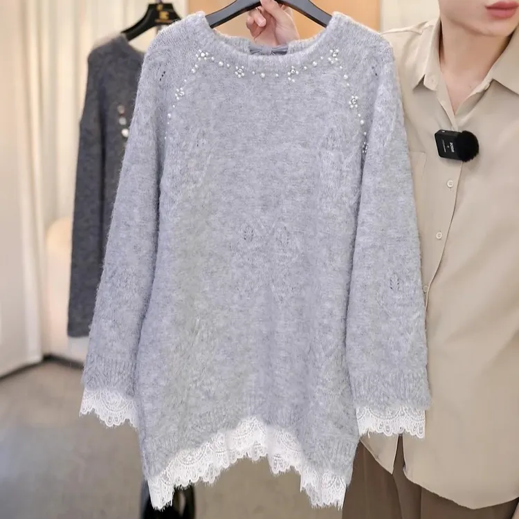 蕾丝钉珠假两件拼接针织衫女秋冬可拆卸蝴蝶结显瘦中长款毛衣上衣