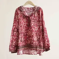 【奈斯专属】外贸单民族风印花连帽桑蚕丝卫衣衬衫女（250507）