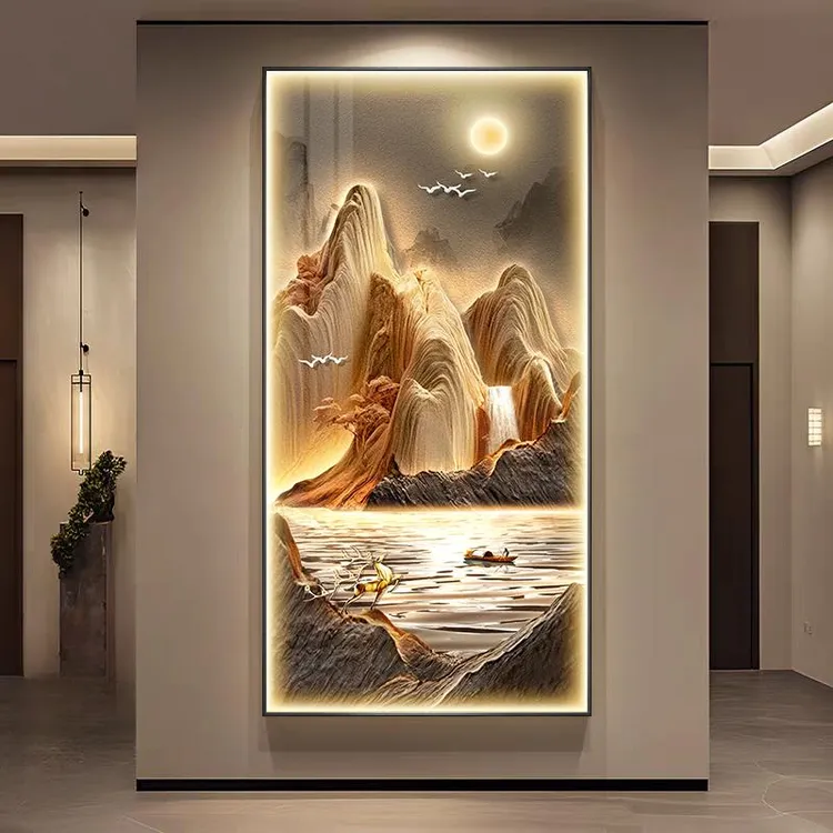 流水生财玄关装饰画入户正对门挂画山水风景画高级感走廊过道壁画