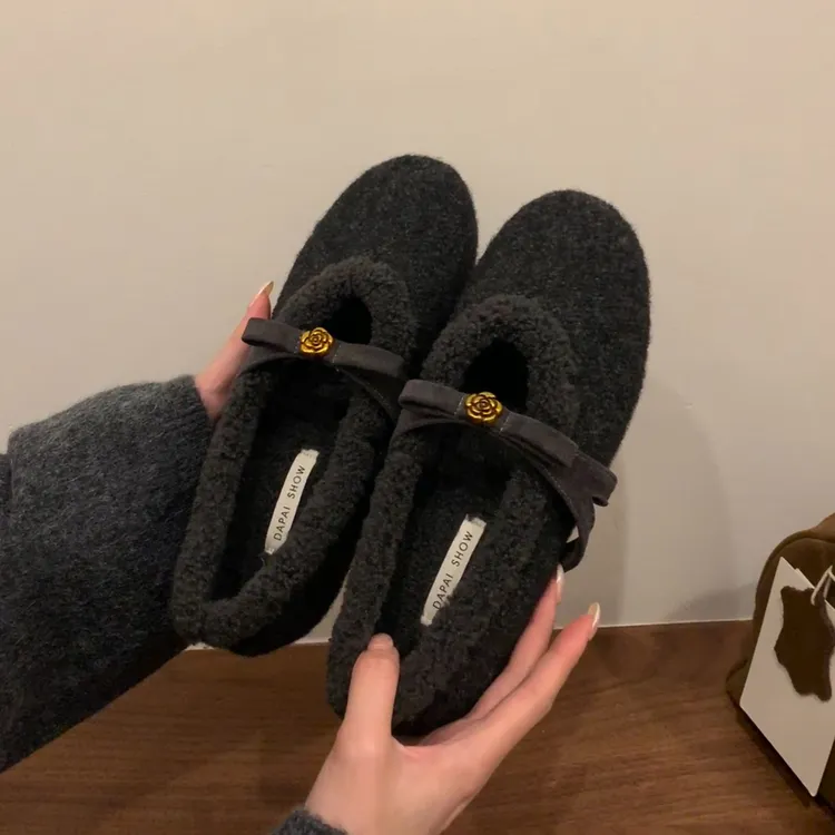 加厚版~法式山茶花毛绒玛丽珍鞋女平底蝴蝶结单鞋软底保暖毛毛鞋