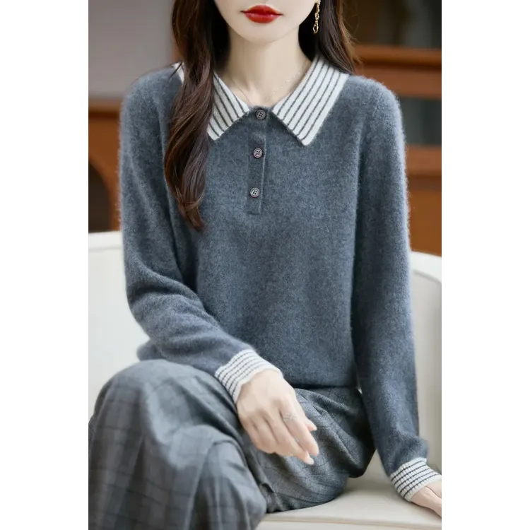 100%纯羊毛秋冬条纹翻领拼接洋气半开扣休闲羊毛针织打底衫毛衣女