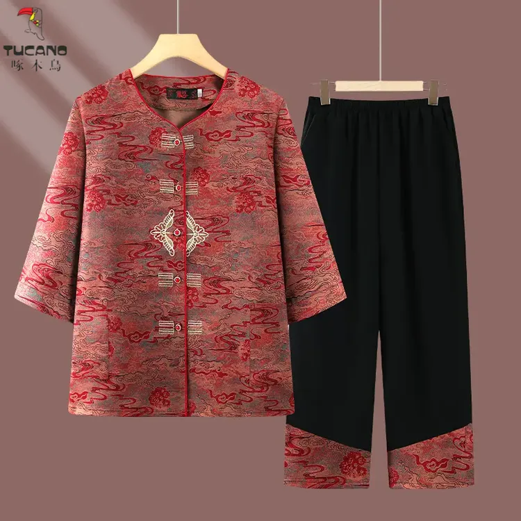 啄木鸟奶奶夏装七分袖衬衫新中式中老年人唐装妈妈装老太太套装