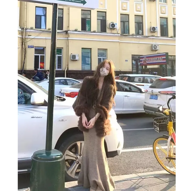 软糯云朵 仿狐狸毛毛短外套女针织衫开衫毛衣纯色连衣裙套装