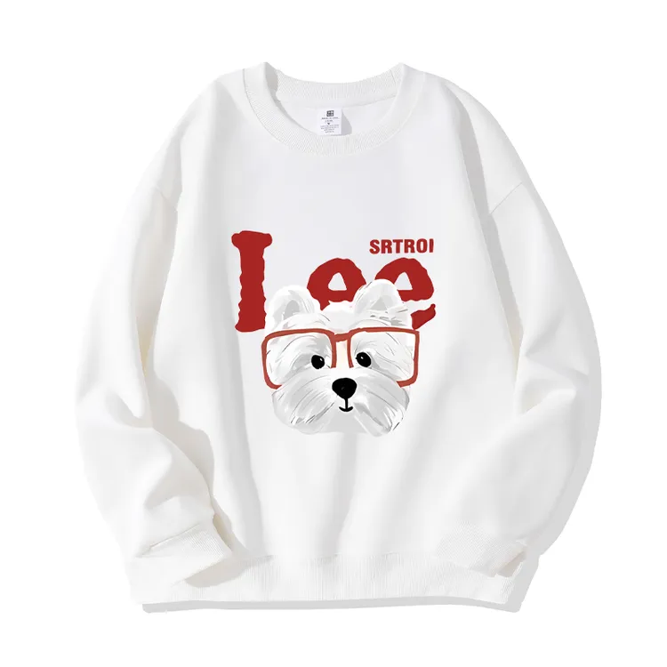 长袖宽松型秋季圆领加绒薄款中长款卫衣休闲百搭印花眼睛小狗