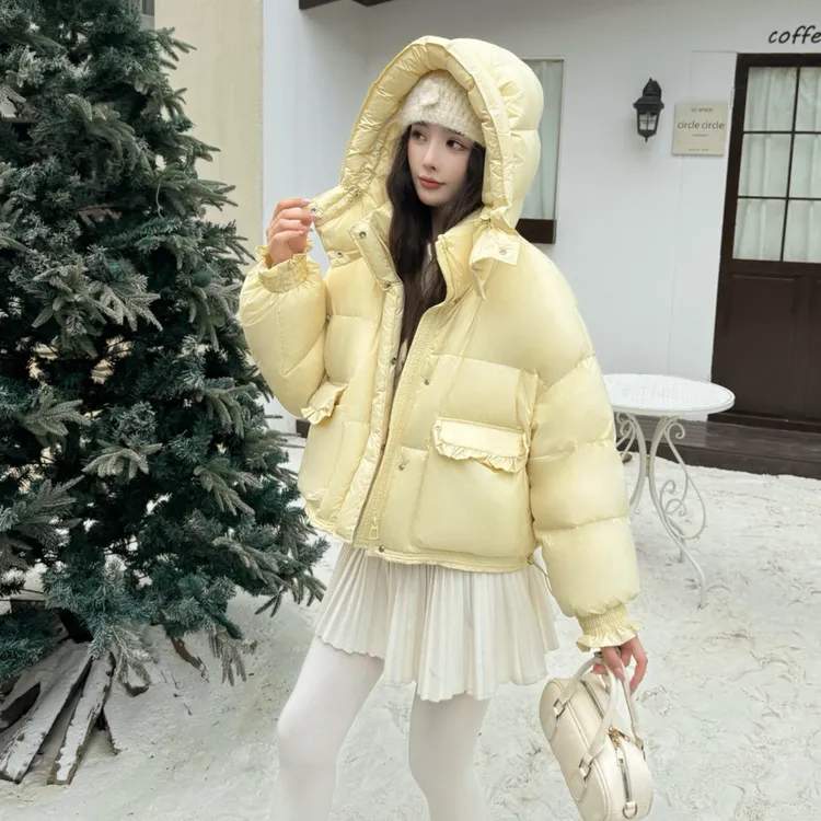 妮诺依冬季新款新国标白鸭绒短款羽绒服韩版洋气黄色减龄加厚外套