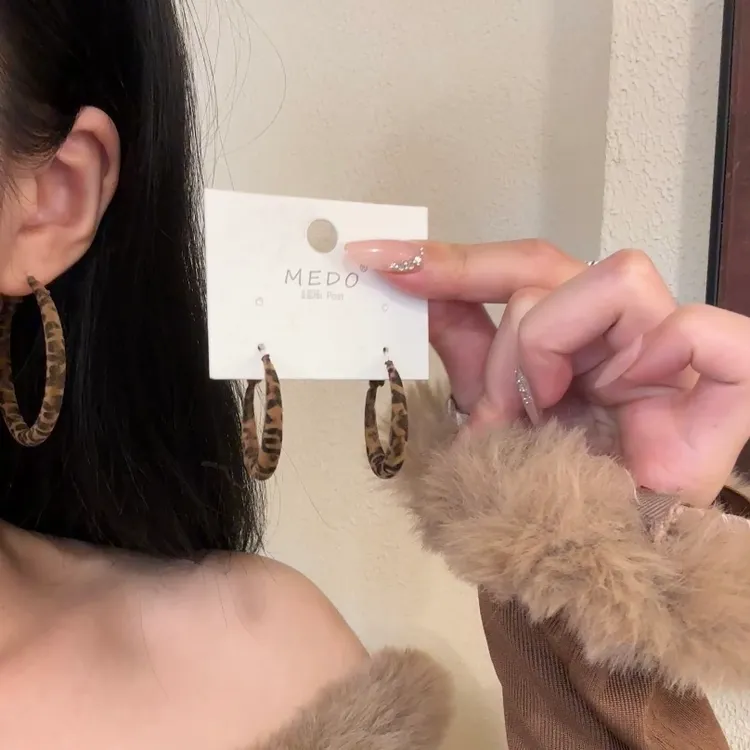 合金耳饰 欧美几何圆形豹纹耳圈女小众设计感显脸小耳环秋冬耳饰