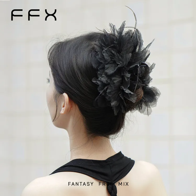 FFX【夏花】黑色羽毛抓夹气质时尚国潮发夹网红爆款仙气头饰商品图