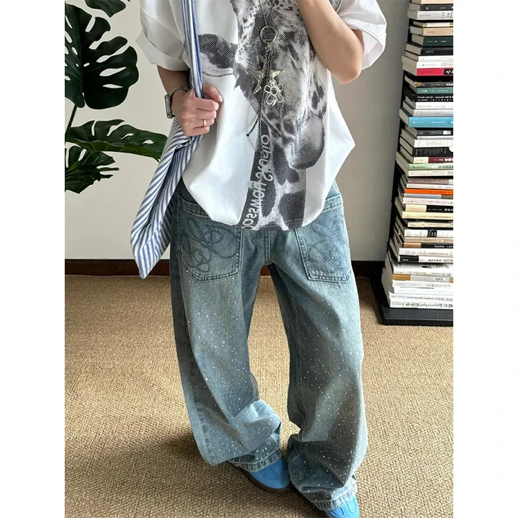 美式高街满天星烫钻牛仔裤女秋季辣妹设计感宽松阔腿弯刀刺绣裤子