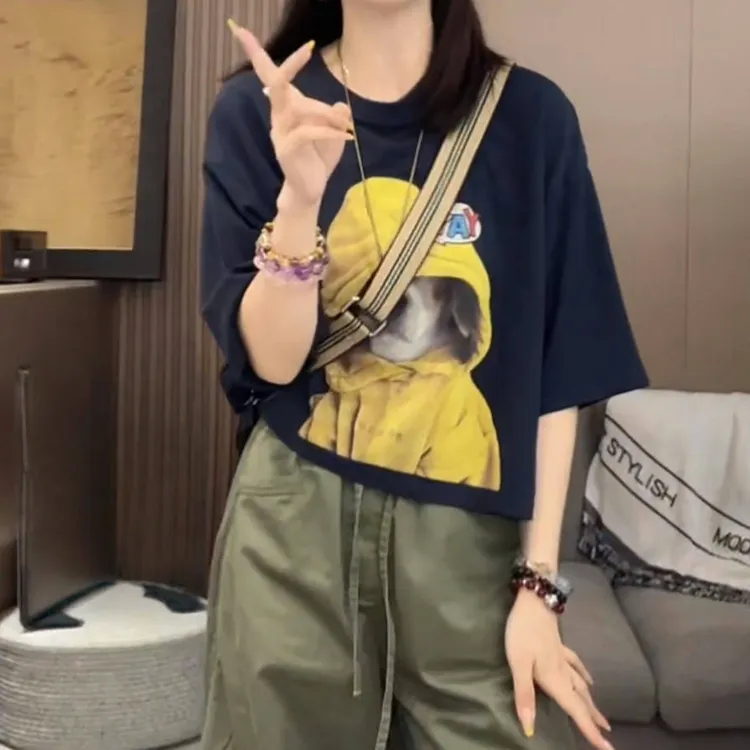 设计感夏季新款甜酷街舞短款狗狗印花短袖T恤女时尚百搭减龄上衣