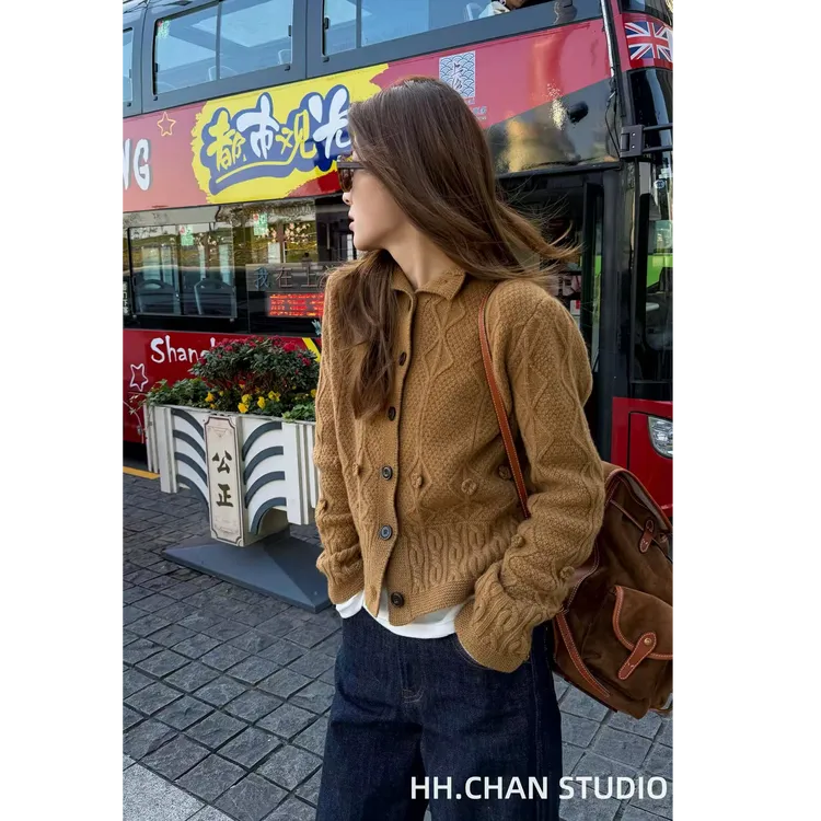 HH.CHAN“腰果”100%绵羊毛法式肌理麻花纹理单排扣毛衣HH53G38944