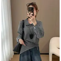 577#灰色翻领扣假两件针织衫