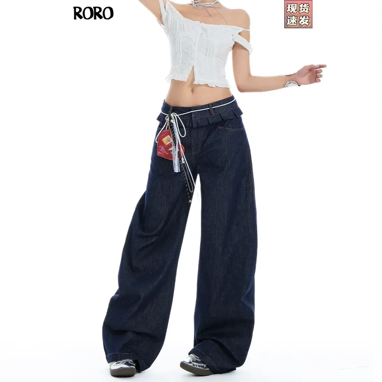 「欧阳娜娜同款」木耳边双腰头牛仔裤女2025夏季新款薄款弯刀裤女