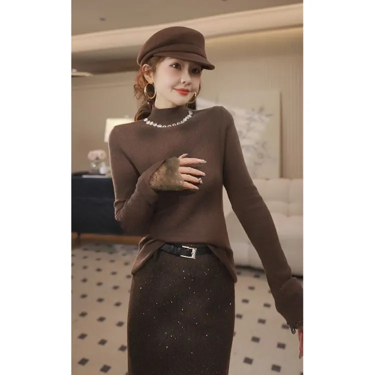 银河镶钻~领口镶钻流光风袖口蕾丝修身针织衫内搭打底衫上衣K1-44