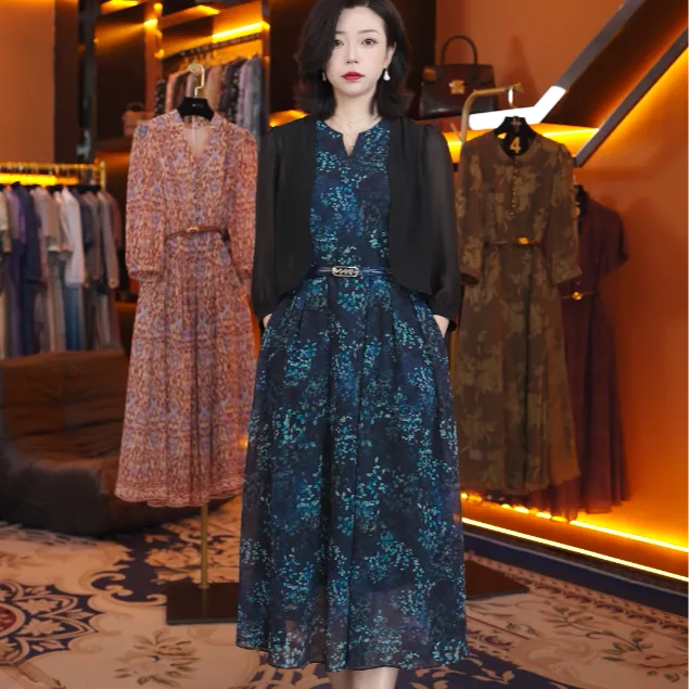 【赫尔温】两件套墨黛蓝（含外套）时尚收腰显瘦连衣裙DHZFF51466