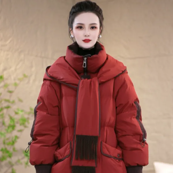 冬季设计感围巾连帽优雅百搭白鸭绒羽绒服M-XL