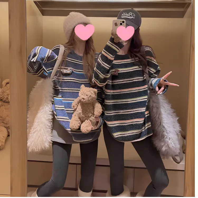 2025新款秋冬首尔兔毛绒腊肠狗撞色条纹宽松显瘦慵懒风打底衫7087