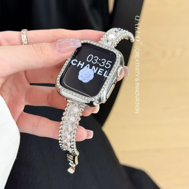 QALUO适用applewatchS11/S10满钻花环iwatch98se代苹果表带女高级