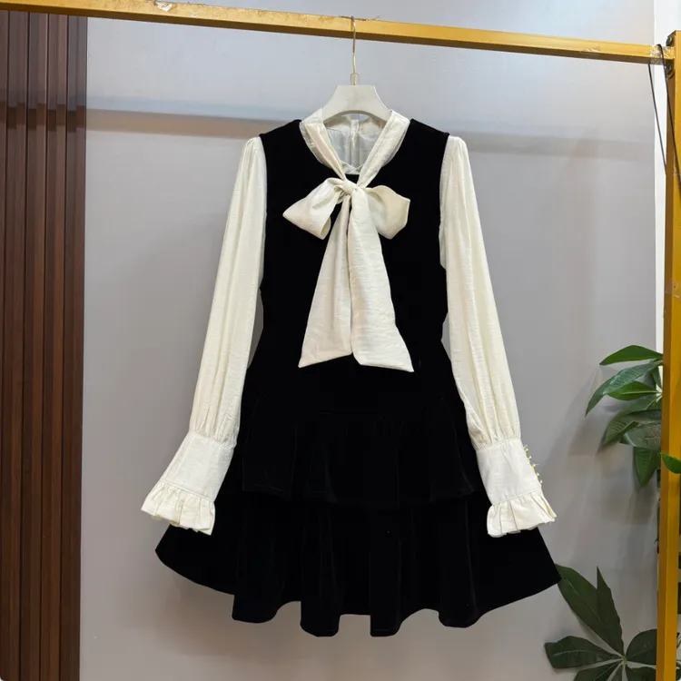 新款大码女装欧货洋气领带结衬衫马甲裙两件套套装