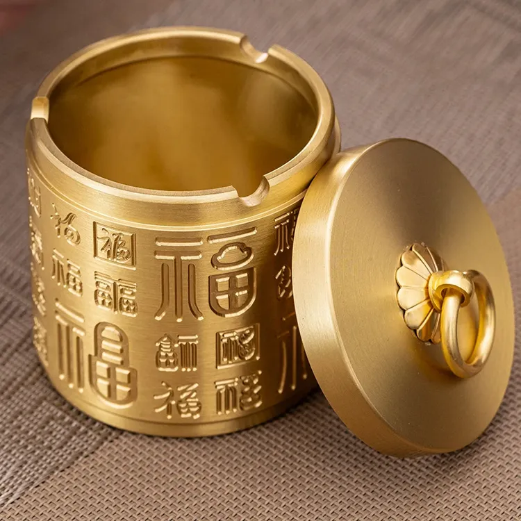 纯铜烟灰缸带盖防飞灰烟味黄铜烟缸车载家用办公室精致装饰铜摆件