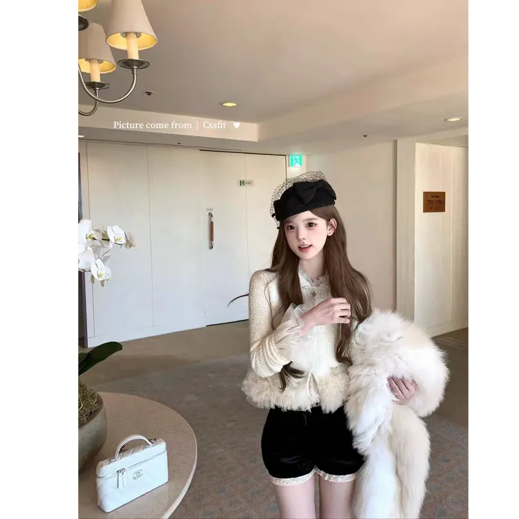 【月光雪落】节日战袍小卓手工花朵针织开衫亮片衬衫配显瘦短裤套装