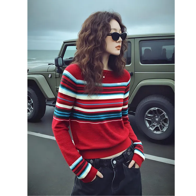 法式撞色条纹软糯打底毛衣女秋冬季内搭高级感收腰显瘦针织衫上衣