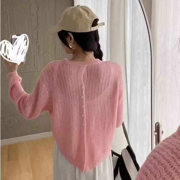 早秋薄款针织衫女新款百搭洋气亮片不规则外搭罩衫镂空短款上衣