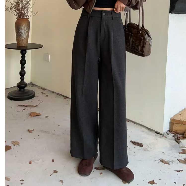 MONO毛呢直筒西装裤女高腰阔腿宽松显瘦灰色气质休闲百搭长裤秋冬