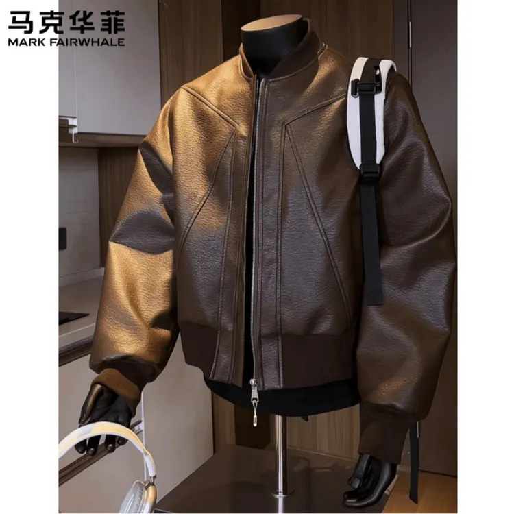 马克华菲短款PU皮衣秋冬新款美式风夹克撞色百搭潮牌潮流男生上衣