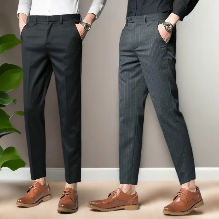 博利凯葆碟夏季男士新款修身小脚薄款商务休闲西装裤条纹九分裤