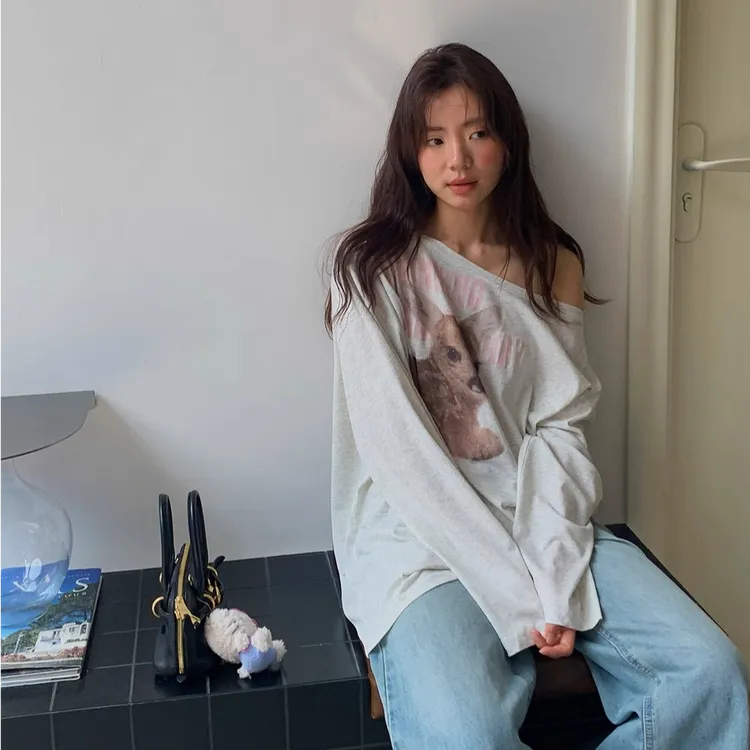 时尚别致斜肩花灰印花小鹿棉T恤女下衣失踪宽松长袖上衣慵懒风