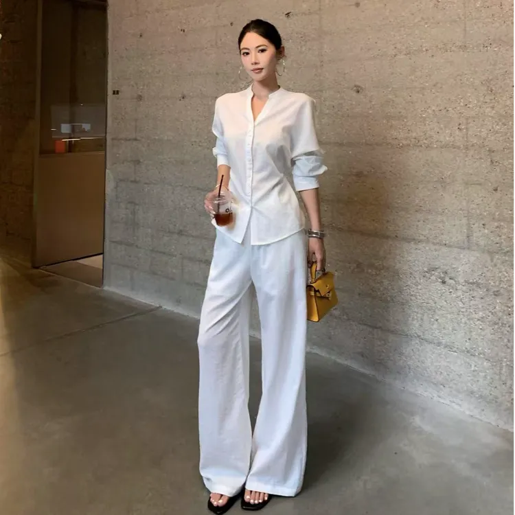 极简老钱风时尚套装衬衫长袖显瘦高腰系带休闲裤气质优雅上衣白色