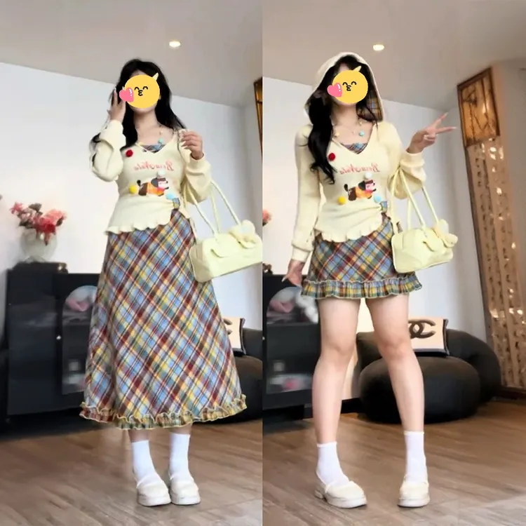 大码小香风黄色连帽字母印花长袖T恤+格纹a字半身裙女春秋两件套