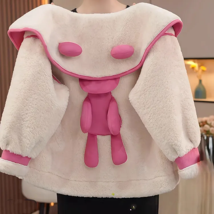 女童皮毛一体加厚外套秋冬2025娃娃领羊羔毛大衣保暖毛毛衣卡通