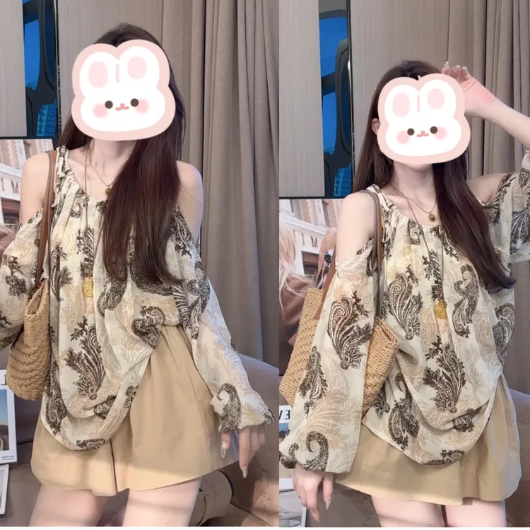 【高级感露肩】夏季新款设计感水墨印花微透薄款气质挂脖露肩衬衣
