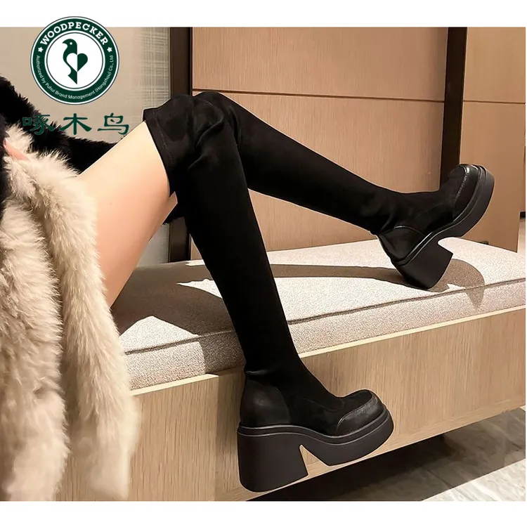 啄木鸟厚底7cm弹力瘦瘦靴女2025秋冬季新款过膝黑色绒面长筒袜靴