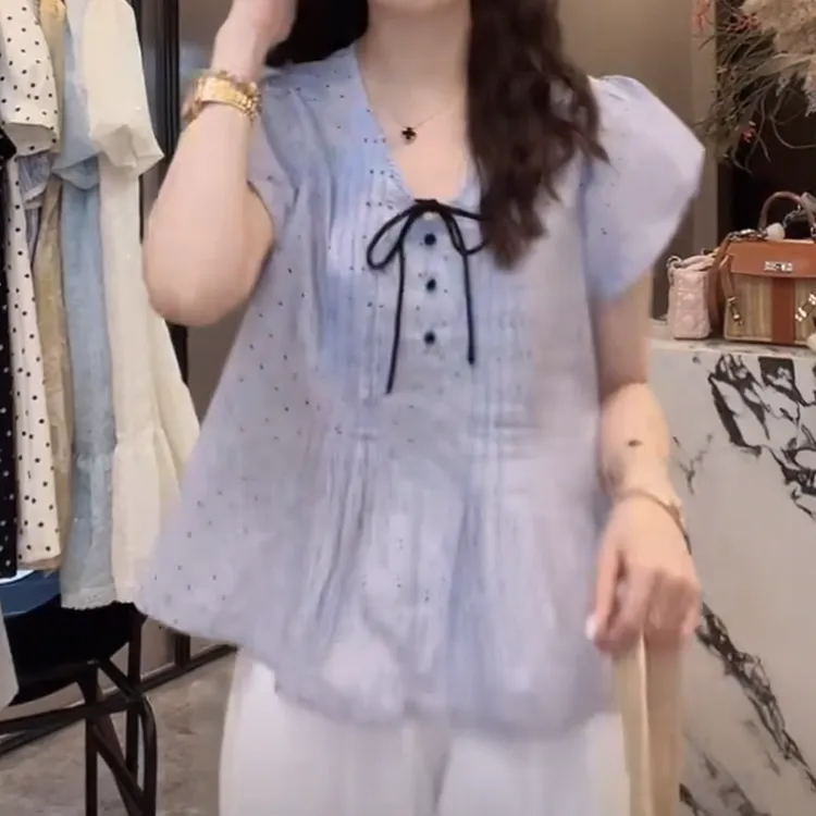 设计感薄款女士气质上衣女夏季新款百搭温婉大方衣服时尚短袖衬衫