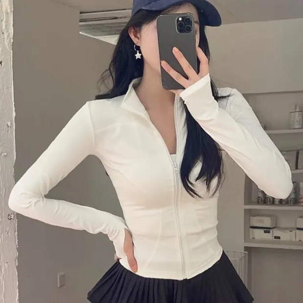 春秋瑜伽服女修身运动外套立领夹克长袖上衣健身房跑步拉链开衫