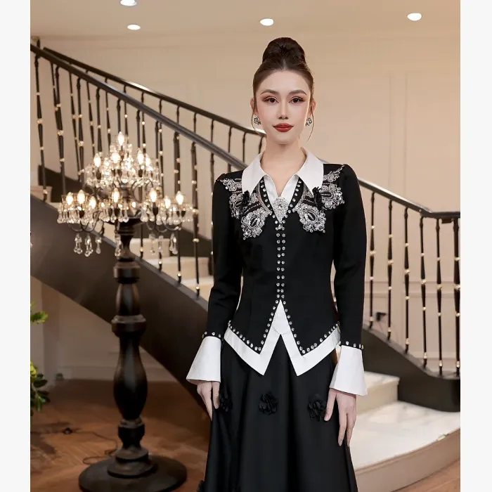 【FUNANI】 法式拼色蕾丝小香风重工原创设计感衬衣上衣 X2531645A