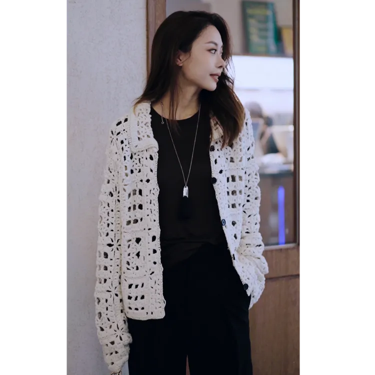 纯欲慵懒风开衫女法式秋冬重工钩花镂空设计感小众毛衣外套