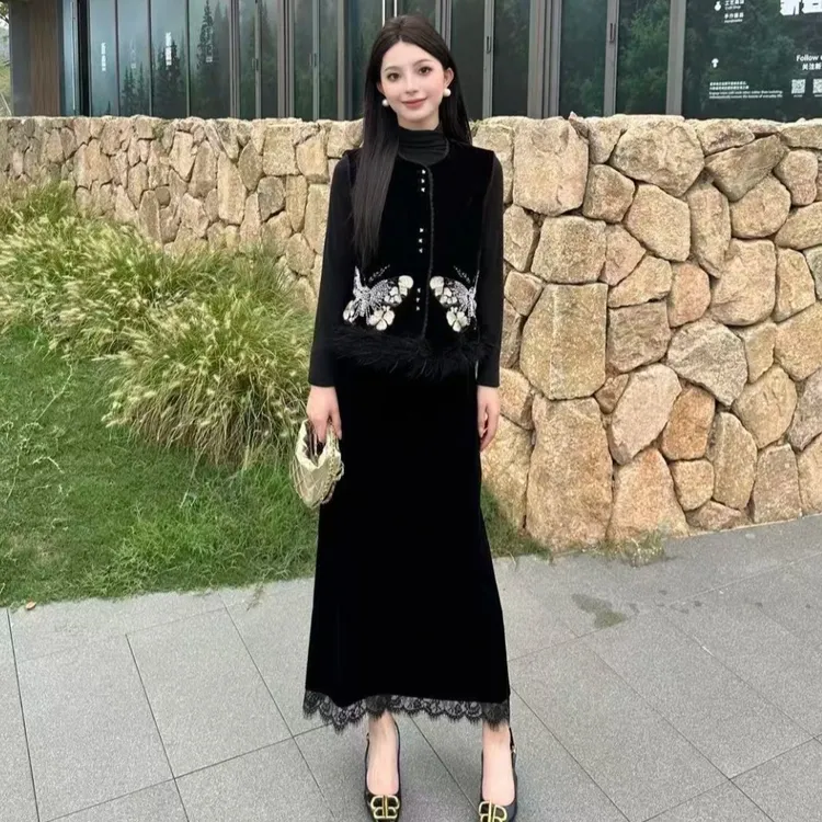 2025秋冬新款新中式套装女气质蝴蝶提花马甲丝绒半身裙国风两件套