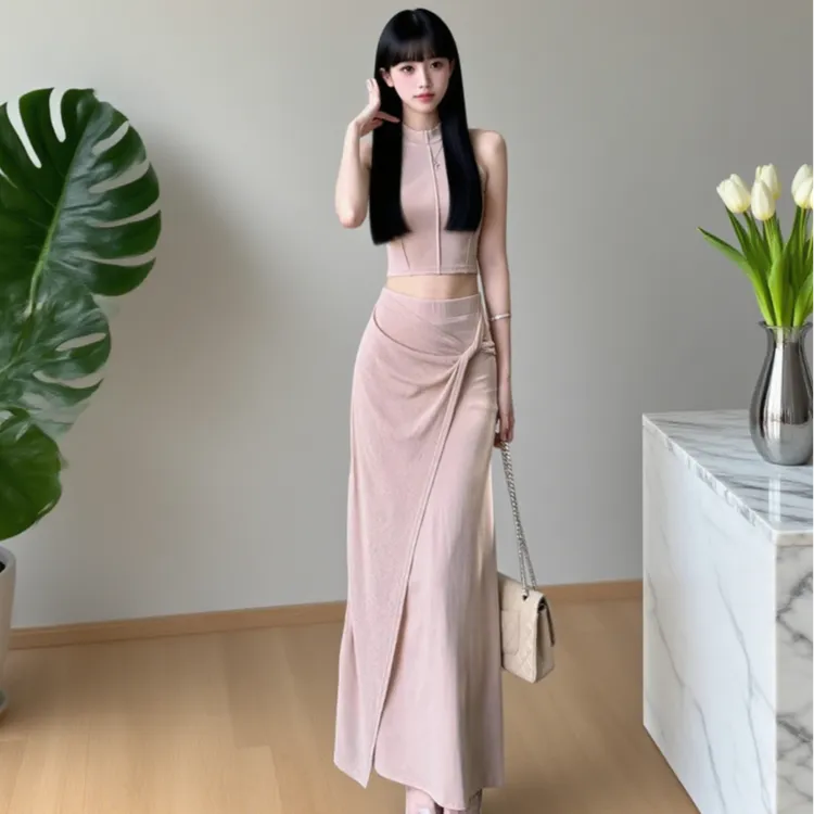 TITI 半高领无袖修身+拼接扭结网纱直筒半裙两件套女