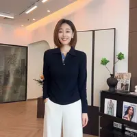 FIGO LOVE 秋季百搭通勤重工贴布款坑条显瘦针织POLO上衣25026