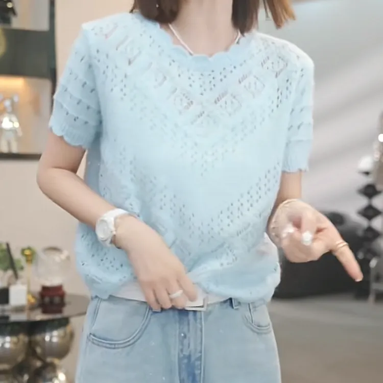 设计感镂空重工短袖毛衣女2025春季新款时尚气质纯色针织衫上衣