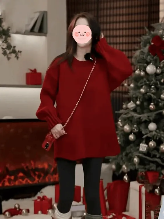 2024年秋冬法式新款时尚红色氛围感针织衫毛衣百搭时尚打底裤套装