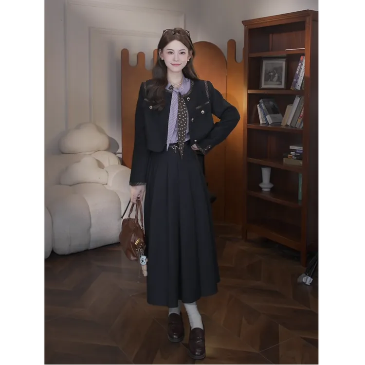 鹿向南【秋日拿铁】美拉德秋法式衬衫短款外套高腰半身裙三件套