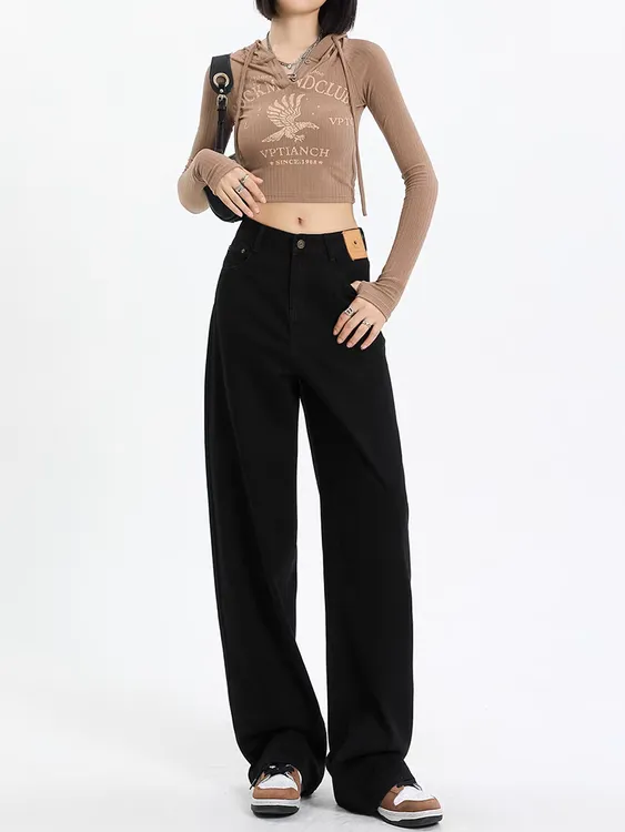 黑色中高腰垂感百搭牛仔裤女春夏季显瘦遮跨宽松直筒拖地阔腿裤