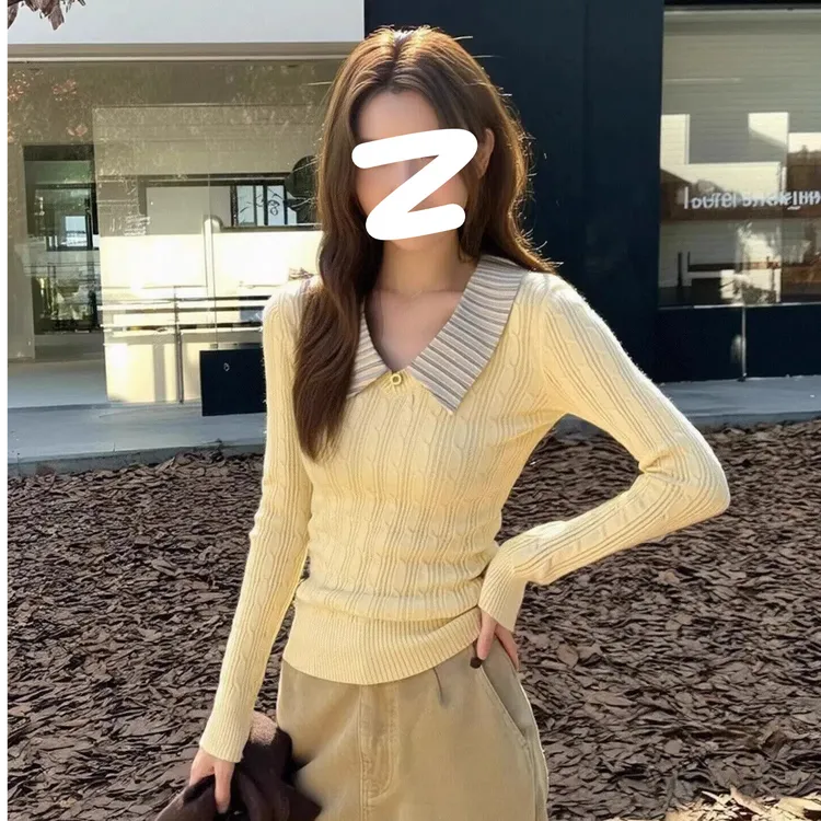 【小草莓专属】【眼前一亮】韩系黄色条纹polo领长袖针织衫秋冬新款高级感内搭毛衣
